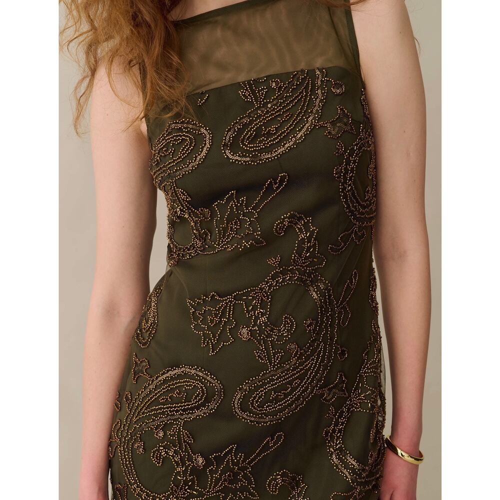 Sorella Atelier Ora beaded dress olive paisley $270 sz 4 - Picture 4 of 8